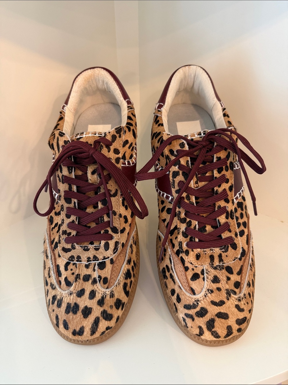 NWOT Dolce Vita Leopard Print Calf Hair Casual Sneakers w/ Burgundy Laces